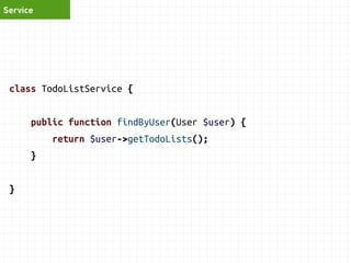 Service 
class TodoService { 
function findById($id) { 
$todo = $this->repository->findById($id); 
if (!$todo) { 
throw ne...