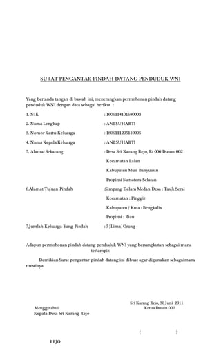 Contoh Format Surat Keterangan Pindah Penduduk