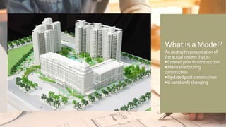 What Is a Model?
Anabstractrepresentationof
theactualsystemthatis:
•Createdpriortoconstruction
•Maintainedduring
construction
•Updatedpost-construction
•Isconstantlychanging
 