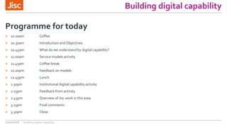 Building digital capability
» 10.00am Coffee
» 10.30am Introduction and Objectives
» 10.45am What do we understand by digital capability?
» 11.00am Service models activity
» 11.45am Coffee break
» 12.00pm Feedback on models
» 12.45pm Lunch
» 1.30pm Institutional digital capability activity
» 2.15pm Feedback from activity
» 2.45pm Overview of Jisc work in this area
» 3.15pm Final comments
» 3.30pm Close
Programme for today
21/07/2016 Building digital capability
 