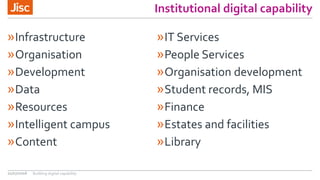 Institutional digital capability
»Infrastructure
»Organisation
»Development
»Data
»Resources
»Intelligent campus
»Content
»IT Services
»People Services
»Organisation development
»Student records, MIS
»Finance
»Estates and facilities
»Library
21/07/2016 Building digital capability
 