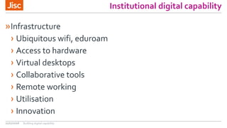 Institutional digital capability
»Infrastructure
› Ubiquitous wifi, eduroam
› Access to hardware
› Virtual desktops
› Collaborative tools
› Remote working
› Utilisation
› Innovation
21/07/2016 Building digital capability
 