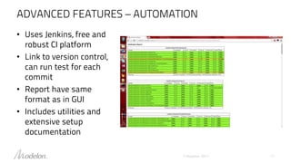 ADVANCED FEATURES – AUTOMATION
© Modelon 2017 11
• Uses Jenkins, free and
robust CI platform
• Link to version control,
can run test for each
commit
• Report have same
format as in GUI
• Includes utilities and
extensive setup
documentation
 