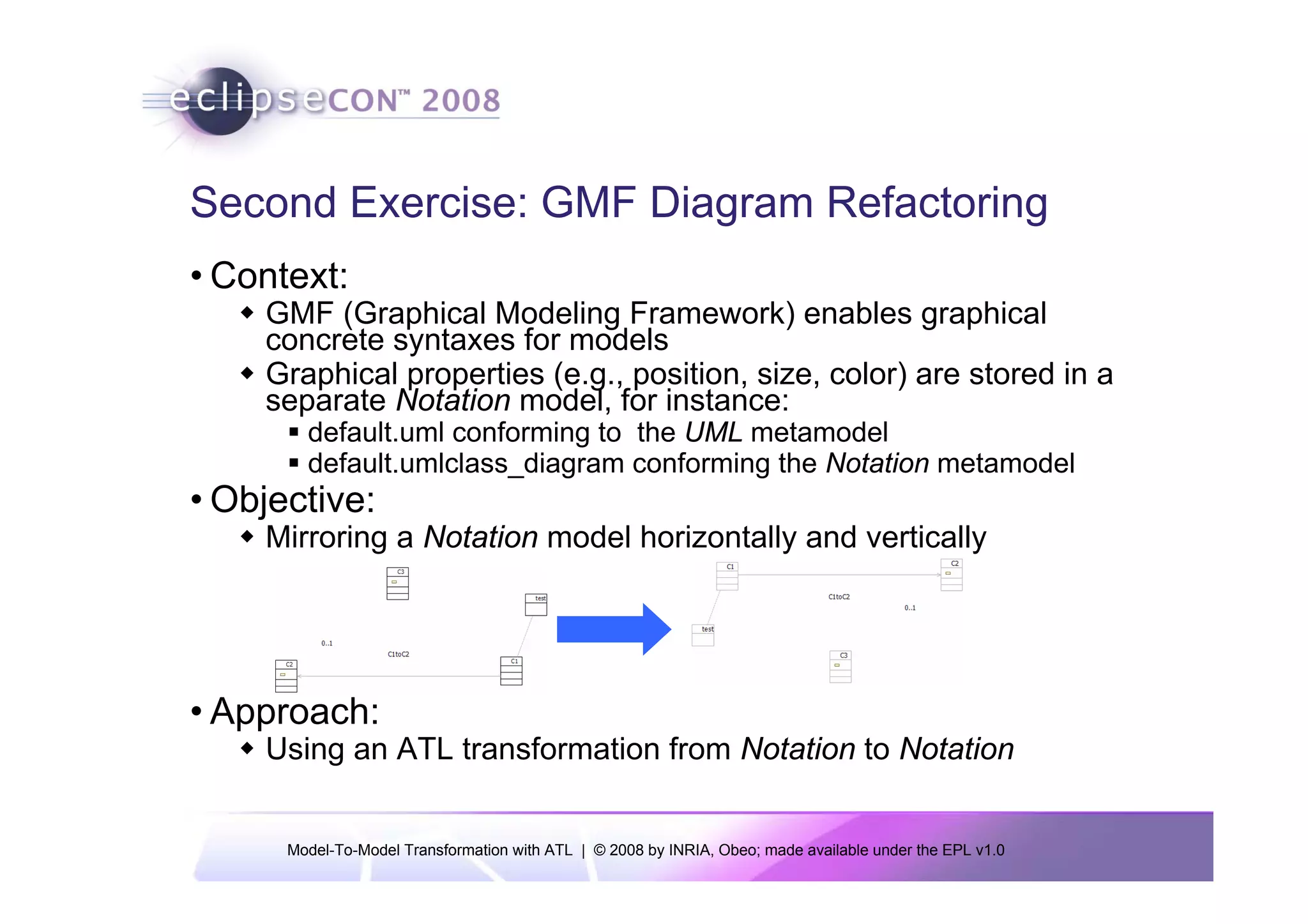 Second Exercise: GMF Diagram Refactoring
• Context:
    GMF (Graphical Modeling Framework) enables graphical
    concrete syntaxes for models
    Graphical properties (e.g., position, size, color) are stored in a
    separate Notation model, for instance:
        default.uml conforming to the UML metamodel
        default.umlclass_diagram conforming the Notation metamodel
• Objective:
    Mirroring a Notation model horizontally and vertically




• Approach:
    Using an ATL transformation from Notation to Notation


      Model-To-Model Transformation with ATL | © 2008 by INRIA, Obeo; made available under the EPL v1.0
 