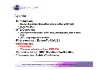 Agenda
• Introduction
    Model-To-Model transformation in the MDE field
    M2M vs. M2T
• ATL Overview
    Available resources: wiki, zoo, newsgroup, use cases,
    etc.
    ATL language description
• First exercise : Ecore-To-UML2.1
• Architecture
    Overview
    The new virtual machine: EMF-VM
• Second exercise: GMF Notation-To-Notation
• Third exercise: Public-To-Private


     Model-To-Model Transformation with ATL | © 2008 by INRIA, Obeo; made available under the EPL v1.0
 