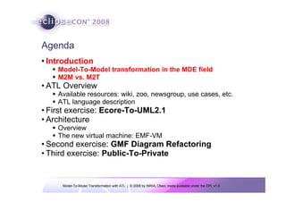 Model-To-Model Transformation with ATL | © 2008 by INRIA, Obeo; made available under the EPL v1.0
Agenda
• Introduction
Š Model-To-Model transformation in the MDE field
Š M2M vs. M2T
• ATL Overview
Š Available resources: wiki, zoo, newsgroup, use cases, etc.
Š ATL language description
• First exercise: Ecore-To-UML2.1
• Architecture
Š Overview
Š The new virtual machine: EMF-VM
• Second exercise: GMF Diagram Refactoring
• Third exercise: Public-To-Private
 