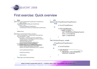 Model-To-Model Transformation with ATL | © 2008 by INRIA, Obeo; made available under the EPL v1.0
First exercise: Quick overview
• Java
public Object caseETypedElement(ETypedElement eTypedElement) {
Object element =
eModelElementToElementMap.get(eTypedElement);
if (element != null) {
if (element instanceof TypedElement) {
((TypedElement) element).setType(getType(eTypedElement));
}
…
return element;
}
public Object caseEAttribute(EAttribute eAttribute) {
EClass eContainingClass = eAttribute.getEContainingClass();
if (eContainingClass != null) {
Property property = UMLFactory.eINSTANCE.createProperty();
eModelElementToElementMap.put(eAttribute, property);
Classifier classifier = (Classifier)
doSwitch(eContainingClass);
getOwnedAttributes(classifier).add(property);
property.setName(eAttribute.getName());
property.setIsReadOnly(!eAttribute.isChangeable());
property.setIsDerived(eAttribute.isDerived());
property.setVisibility(VisibilityKind.PUBLIC_LITERAL);
caseETypedElement(eAttribute);
defaultCase(eAttribute);
return property;
}
return super.caseEAttribute(eAttribute);
}
• ATL
abstract rule ETypedElement2TypedElement{
from
et: Ecore!ETypedElement
to
f: UML!TypedElement(
name<-et.name,
type<-thisModule.getMappingType(et),
lower<-et.lowerBound,
upper<-et.upperBound
)
}
rule EAttribute2Property extends
ETypedElement2TypedElement {
from
et: Ecore!EAttribute
to
f: UML!Property(
isReadOnly<- not et.changeable,
isDerived<- et.derived
)
}
 