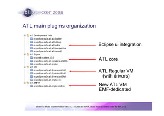 Model-To-Model Transformation with ATL | © 2008 by INRIA, Obeo; made available under the EPL v1.0
ATL main plugins organization
Eclipse ui integration
ATL core
ATL Regular VM
(with drivers)
New ATL VM
EMF-dedicated
 