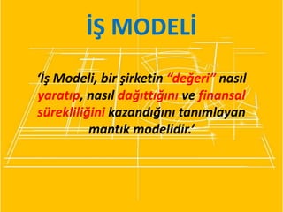 İŞ MODELİ
‘İş Modeli, bir şirketin “değeri” nasıl
yaratıp, nasıl dağıttığını ve finansal
sürekliliğini kazandığını tanımlayan
mantık modelidir.’
 