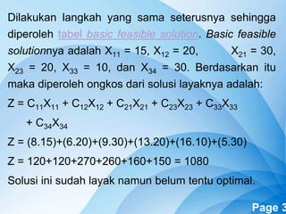 Powerpoint Templates Page 3
Dilakukan langkah yang sama seterusnya sehingga
diperoleh tabel basic feasible solution. Basic feasible
solutionnya adalah X11 = 15, X12 = 20, X21 = 30,
X23 = 20, X33 = 10, dan X34 = 30. Berdasarkan itu
maka diperoleh ongkos dari solusi layaknya adalah:
Z = C11X11 + C12X12 + C21X21 + C23X23 + C33X33
+ C34X34
Z = (8.15)+(6.20)+(9.30)+(13.20)+(16.10)+(5.30)
Z = 120+120+270+260+160+150 = 1080
Solusi ini sudah layak namun belum tentu optimal.
 