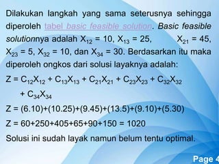 Powerpoint Templates Page 4
Dilakukan langkah yang sama seterusnya sehingga
diperoleh tabel basic feasible solution. Basic feasible
solutionnya adalah X12 = 10, X13 = 25, X21 = 45,
X23 = 5, X32 = 10, dan X34 = 30. Berdasarkan itu maka
diperoleh ongkos dari solusi layaknya adalah:
Z = C12X12 + C13X13 + C21X21 + C23X23 + C32X32
+ C34X34
Z = (6.10)+(10.25)+(9.45)+(13.5)+(9.10)+(5.30)
Z = 60+250+405+65+90+150 = 1020
Solusi ini sudah layak namun belum tentu optimal.
 
