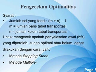 Powerpoint Templates Page 5
Pengecekan Optimalitas
Syarat :
• Jumlah sel yang terisi : (m + n) – 1
m = jumlah baris tabel transportasi
n = jumlah kolom tabel transportasi
Untuk mengecek apakah penyelesaian awal (bfs)
yang diperoleh sudah optimal atau belum, dapat
dilakukan dengan cara, yaitu:
• Metode Stepping Stone
• Metode Multipier
 