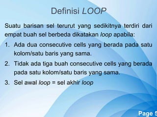 Powerpoint Templates Page 5
Definisi LOOP
Suatu barisan sel terurut yang sedikitnya terdiri dari
empat buah sel berbeda dikatakan loop apabila:
1. Ada dua consecutive cells yang berada pada satu
kolom/satu baris yang sama.
2. Tidak ada tiga buah consecutive cells yang berada
pada satu kolom/satu baris yang sama.
3. Sel awal loop = sel akhir loop
 