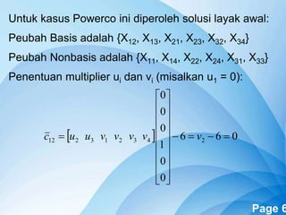 Powerpoint Templates Page 6
Untuk kasus Powerco ini diperoleh solusi layak awal:
Peubah Basis adalah {X12, X13, X21, X23, X32, X34}
Peubah Nonbasis adalah {X11, X14, X22, X24, X31, X33}
Penentuan multiplier ui dan vi (misalkan u1 = 0):
  066
0
0
1
0
0
0
243213212 




















 vvvvvuuc
 