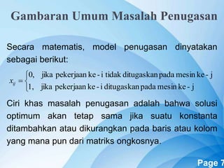 Powerpoint Templates Page 7
Gambaran Umum Masalah Penugasan
Secara matematis, model penugasan dinyatakan
sebagai berikut:
Ciri khas masalah penugasan adalah bahwa solusi
optimum akan tetap sama jika suatu konstanta
ditambahkan atau dikurangkan pada baris atau kolom
yang mana pun dari matriks ongkosnya.




j-kemesinpadaditugaskani-kepekerjaanjika1,
j-kemesinpadaditugaskantidaki-kepekerjaanjika,0
ijx
 