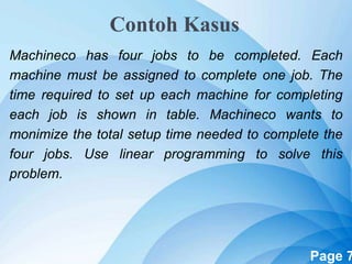 Powerpoint Templates Page 7
Contoh Kasus
Machineco has four jobs to be completed. Each
machine must be assigned to complete one job. The
time required to set up each machine for completing
each job is shown in table. Machineco wants to
monimize the total setup time needed to complete the
four jobs. Use linear programming to solve this
problem.
 