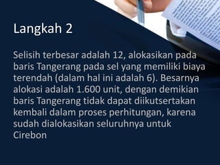 Langkah 2
Selisih terbesar adalah 12, alokasikan pada
baris Tangerang pada sel yang memiliki biaya
terendah (dalam hal ini adalah 6). Besarnya
alokasi adalah 1.600 unit, dengan demikian
baris Tangerang tidak dapat diikutsertakan
kembali dalam proses perhitungan, karena
sudah dialokasikan seluruhnya untuk
Cirebon
 