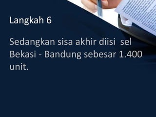 Langkah 6
Sedangkan sisa akhir diisi sel
Bekasi - Bandung sebesar 1.400
unit.
 