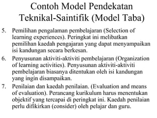 Contoh Model Pendekatan
Teknikal-Saintifik (Model Taba)
5. Pemilihan pengalaman pembelajaran (Selection of
learning experiences). Peringkat ini melibatkan
pemilihan kaedah pengajaran yang dapat menyampaikan
isi kandungan secara berkesan.
6. Penyusunan aktiviti-aktiviti pembelajaran (Organization
of learning activities). Penyusunan aktiviti-aktiviti
pembelajaran biasanya ditentukan oleh isi kandungan
yang ingin disampaikan.
7. Penilaian dan kaedah penilaian. (Evaluation and means
of evaluation). Perancang kurikulum harus menentukan
objektif yang tercapai di peringkat ini. Kaedah penilaian
perlu difikirkan (consider) oleh pelajar dan guru.
 
