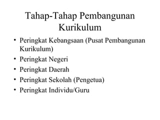 Tahap-Tahap Pembangunan
Kurikulum
• Peringkat Kebangsaan (Pusat Pembangunan
Kurikulum)
• Peringkat Negeri
• Peringkat Daerah
• Peringkat Sekolah (Pengetua)
• Peringkat Individu/Guru
 