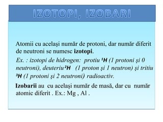 <ul><li>Atom i i  cu acelaşi număr de protoni, dar număr diferit de neutroni se numesc  izotopi .  </li></ul><ul><li>Ex . ...