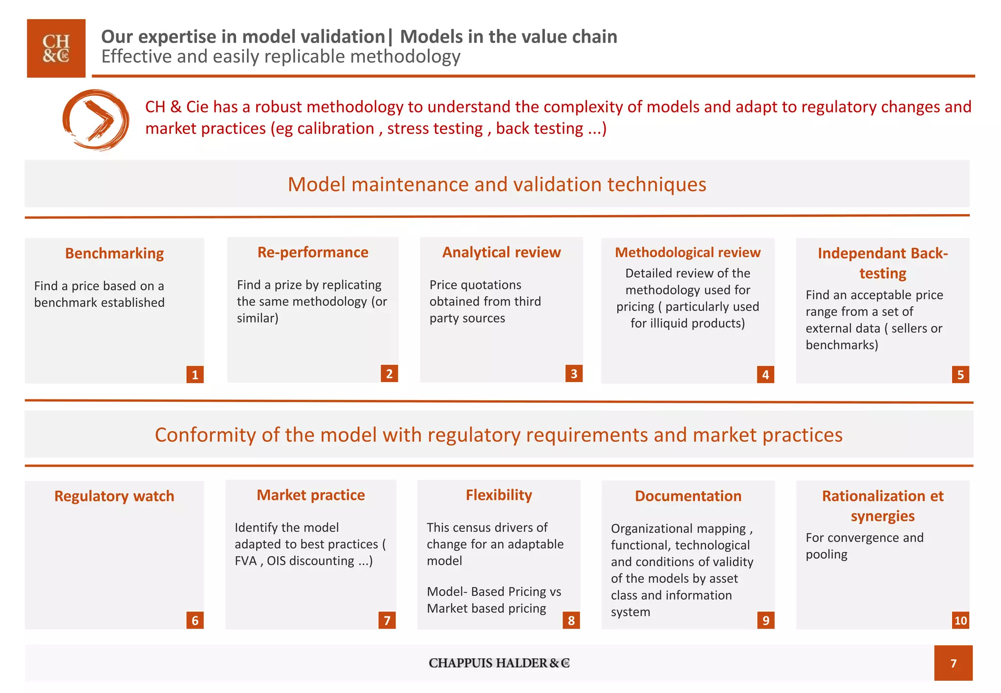 7 
Model maintenance and validation techniques 
Benchmarking 
Find a price based on a benchmark established 
1 
Methodologicalreview 
Detailed review of the methodology used for pricing ( particularly used for illiquid products) 
IndependantBack- testing 
Find an acceptable price range from a set of external data ( sellers or benchmarks) 
4 
Re-performance 
Find a prize by replicating the same methodology (or similar) 
Analyticalreview 
Price quotations obtained from third party sources 
2 
3 
Conformity of the model with regulatory requirements and market practices 
Regulatorywatch 
6 
Documentation 
Organizational mapping , functional, technological and conditions of validity of the models by asset class and information system 
Rationalizationet synergies 
For convergence and pooling 
9 
10 
Marketpractice 
Identify the model adapted to best practices ( FVA , OIS discounting ...) 
Flexibility 
This census drivers of change for an adaptable model 
Model-Based Pricing vs Market based pricing 
7 
8 
5 
CH&Ciehasarobustmethodologytounderstandthecomplexityofmodelsandadapttoregulatorychangesandmarketpractices(egcalibration,stresstesting,backtesting...) 
Our expertise in model validation| Models in the value chainEffective and easily replicable methodology  