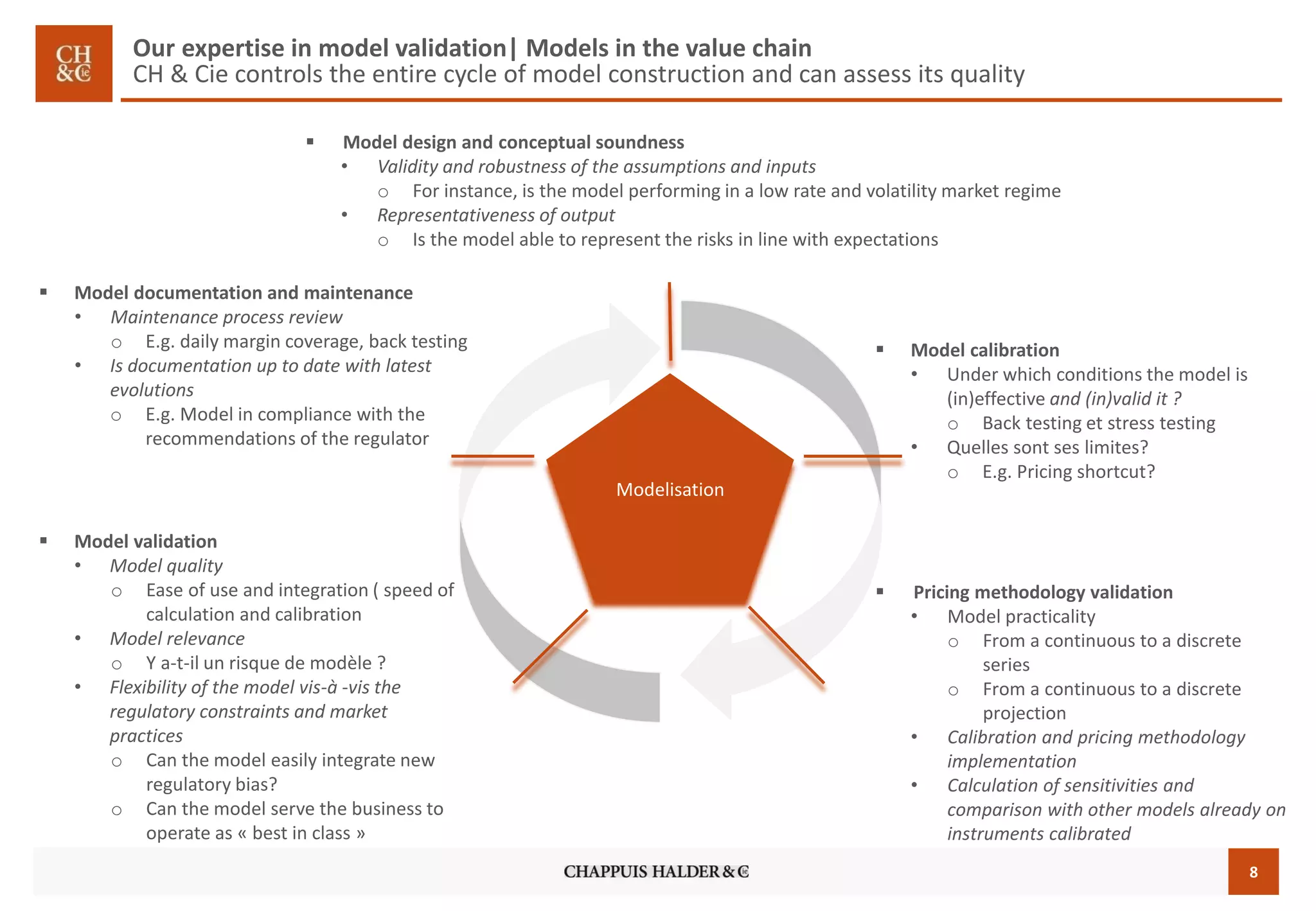 8 
Modelisation 
Model validation 
•Model quality 
oEase of use and integration ( speed of calculation and calibration 
•Model relevance 
oY a-t-ilun risque de modèle ? 
•Flexibility of the model vis-à -vis the regulatory constraints and market practices 
oCan the model easilyintegratenew regulatorybias? 
oCan the model serve the business to operateas «best in class» 
Pricing methodologyvalidation 
•Model practicality 
oFroma continuousto a discreteseries 
oFroma continuousto a discreteprojection 
•Calibration and pricingmethodologyimplementation 
•Calculation of sensitivities and comparison with other models already on instruments calibrated 
Model design and conceptualsoundness 
•Validity and robustness of the assumptions and inputs 
oFor instance, is the model performing in a low rate and volatility market regime 
•Representativenessof output 
oIs the model able to represent the risks in line with expectations 
Model documentation and maintenance 
•Maintenance processreview 
oE.g. dailymargincoverage, back testing 
•Is documentation up to date withlatestevolutions 
oE.g. Model in compliance with the recommendations of the regulator 
Model calibration 
•Under which conditions the model is (in)effective and (in)valid it ? 
oBack testinget stress testing 
•Quelles sont ses limites? 
oE.g. Pricing shortcut? 
Our expertise in model validation| Models in the value chainCH & Ciecontrols the entire cycle of model construction and can assess its quality  