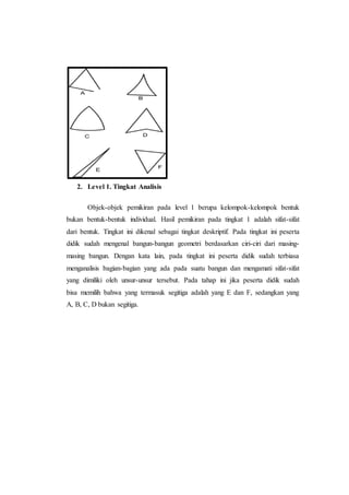 2. Level 1. Tingkat Analisis
Objek-objek pemikiran pada level 1 berupa kelompok-kelompok bentuk
bukan bentuk-bentuk individual. Hasil pemikiran pada tingkat 1 adalah sifat-sifat
dari bentuk. Tingkat ini dikenal sebagai tingkat deskriptif. Pada tingkat ini peserta
didik sudah mengenal bangun-bangun geometri berdasarkan ciri-ciri dari masing-
masing bangun. Dengan kata lain, pada tingkat ini peserta didik sudah terbiasa
menganalisis bagian-bagian yang ada pada suatu bangun dan mengamati sifat-sifat
yang dimiliki oleh unsur-unsur tersebut. Pada tahap ini jika peserta didik sudah
bisa memilih bahwa yang termasuk segitiga adalah yang E dan F, sedangkan yang
A, B, C, D bukan segitiga.
 
