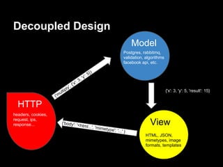 Decoupled Design
                                                                                   Model
                                                                              Postgres, rabbitmq,
                                                                              validation, algorithms
                                                                              facebook api, etc.

                                                       5})
                                                  'y':
                                        ':   3,
                               ',   {'x
                             ly
                       ultip                                                                       {{'x': 3, 'y': 5, 'result': 15}
                    ('m

  HTTP
headers, cookies,
request, ips,
response...            {'body': '<
                                             html...', 'm
                                                             imetype':
                                                                                            View
                                                                         '...' }
                                                                                         HTML, JSON,
                                                                                         mimetypes, image
                                                                                         formats, templates
 