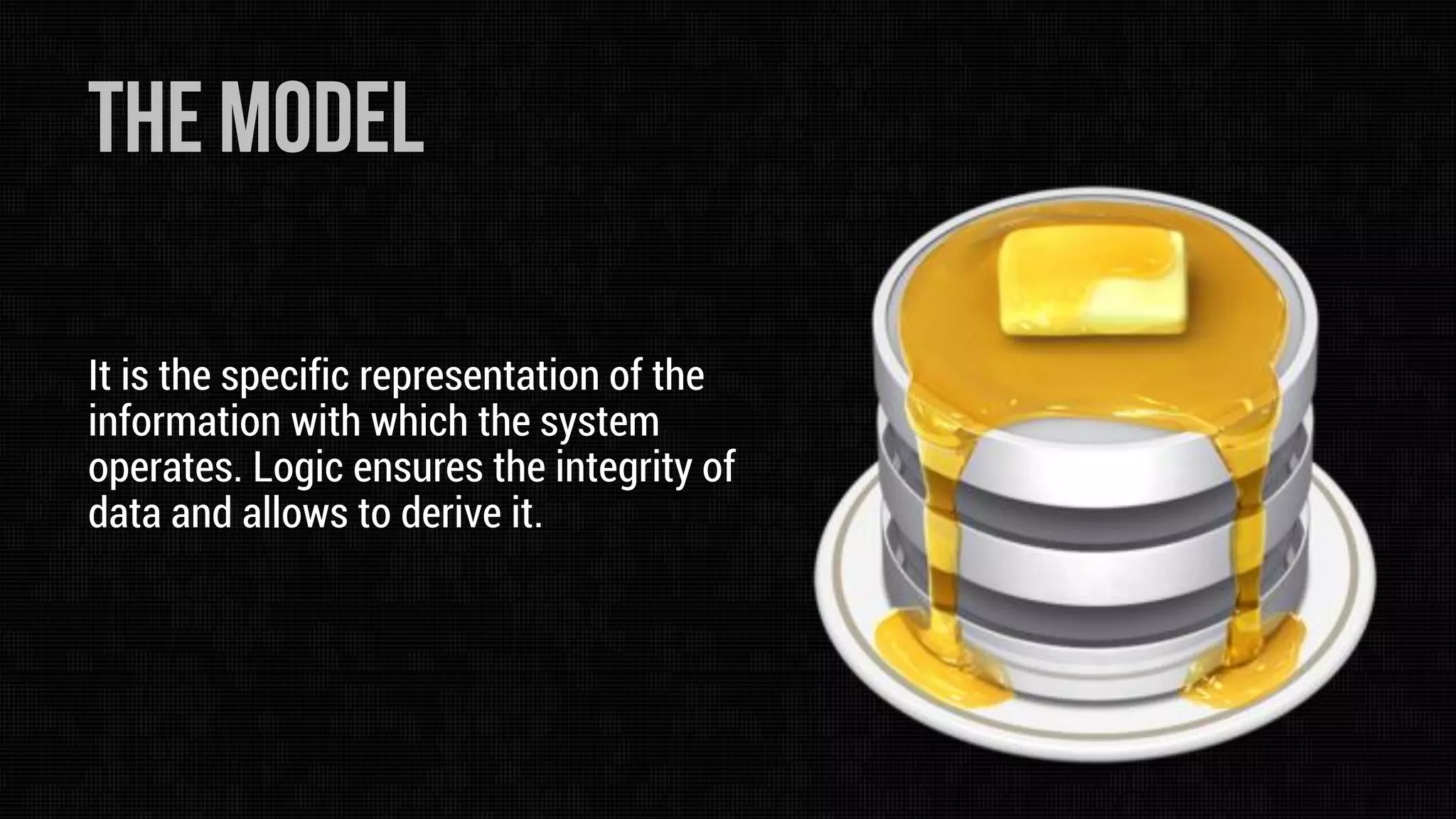It is the specific representation of the
information with which the system
operates. Logic ensures the integrity of
data and allows to derive it.

 
