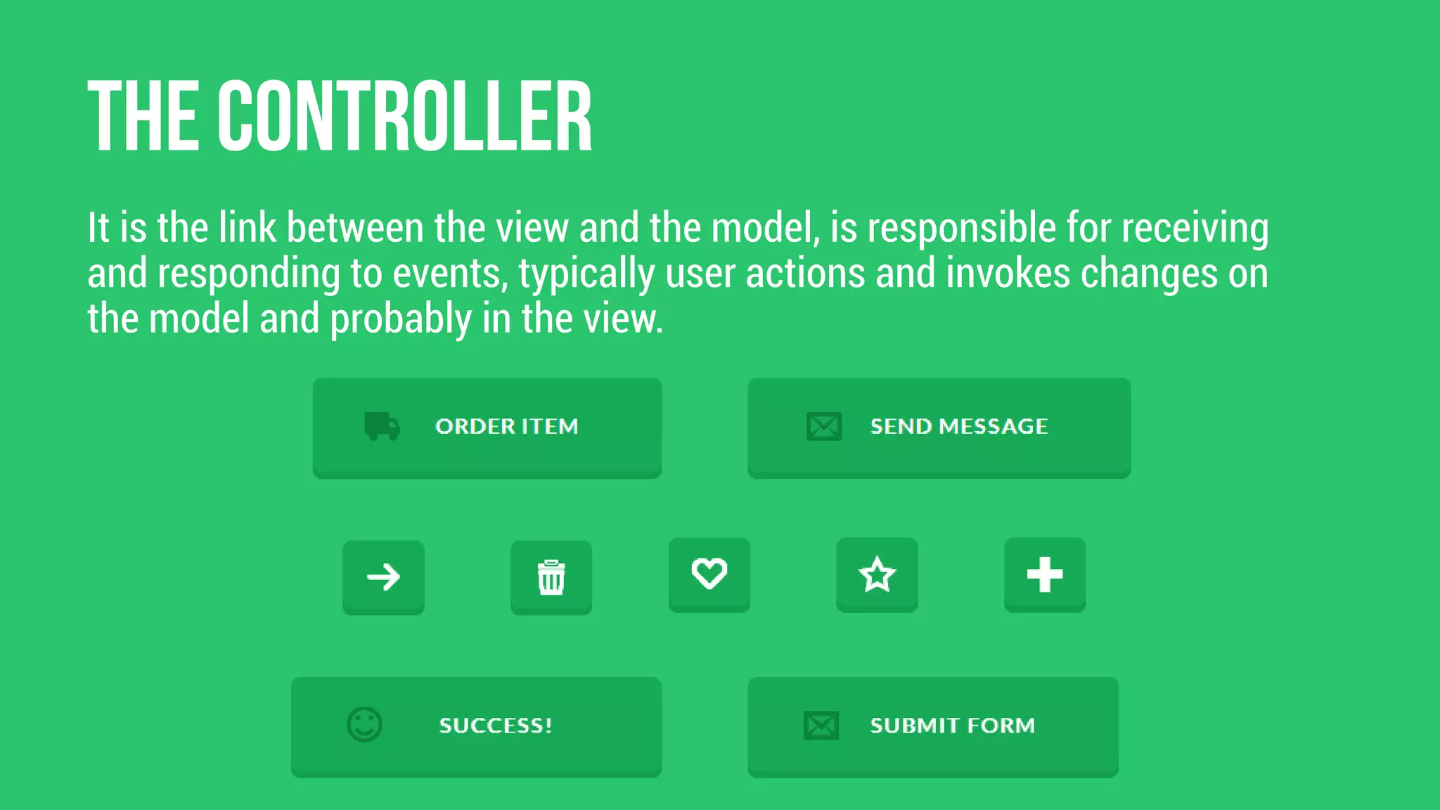 It is the link between the view and the model, is responsible for receiving
and responding to events, typically user actions and invokes changes on
the model and probably in the view.

 