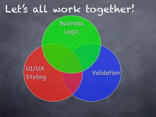 Let’s all work together!
Validation
UI/UX
Styling
Business
Logic
 
