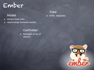 Ember
Model
domain-level data
relationships between models
View
HTML templates
Controller
Manages array of
objects
 