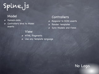 Spine.js
Model
Domain-data
Controllers bind to Model
events
View
HTML fragments
Use any template language
Controllers
Respond to DOM events
Render templates
Sync Models and Views
No Logo.
 