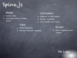 Spine.js
Model
Domain-data
Controllers bind to Model
events
View
HTML fragments
Use any template language
Controllers
Respond to DOM events
Render templates
Sync Models and Views
Router
Hash fragment based
routing
No Logo.
 