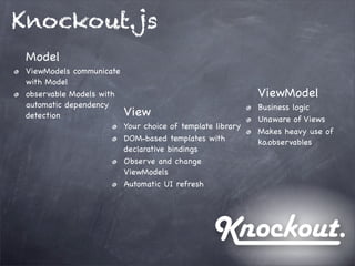 Knockout.js
Model
ViewModels communicate
with Model
observable Models with
automatic dependency
detection View
Your choice of template library
DOM-based templates with
declarative bindings
Observe and change
ViewModels
Automatic UI refresh
ViewModel
Business logic
Unaware of Views
Makes heavy use of
ko.observables
 