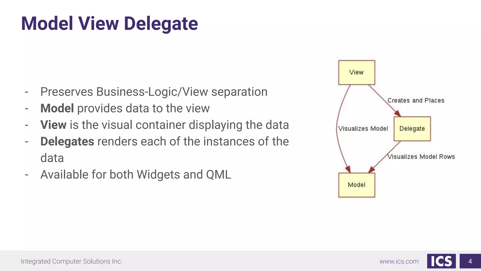 Integrated Computer Solutions Inc. www.ics.com
Model View Delegate
- Preserves Business-Logic/View separation
- Model provides data to the view
- View is the visual container displaying the data
- Delegates renders each of the instances of the
data
- Available for both Widgets and QML
4
 