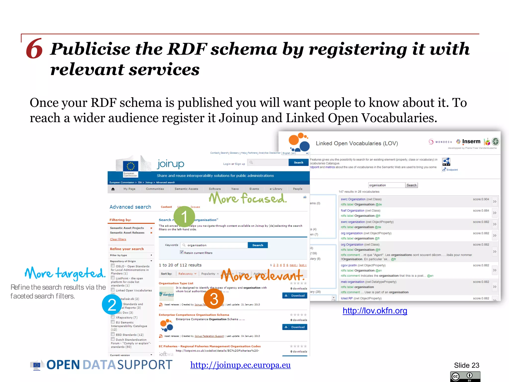 DATASUPPORTOPEN
Publicise the RDF schema by registering it with
relevant services
Once your RDF schema is published you will want people to know about it. To
reach a wider audience register it Joinup and Linked Open Vocabularies.
Slide 23
6
Refinethesearch results via the
facetedsearch filters.
2
1
3
http://joinup.ec.europa.eu
http://lov.okfn.org
 
