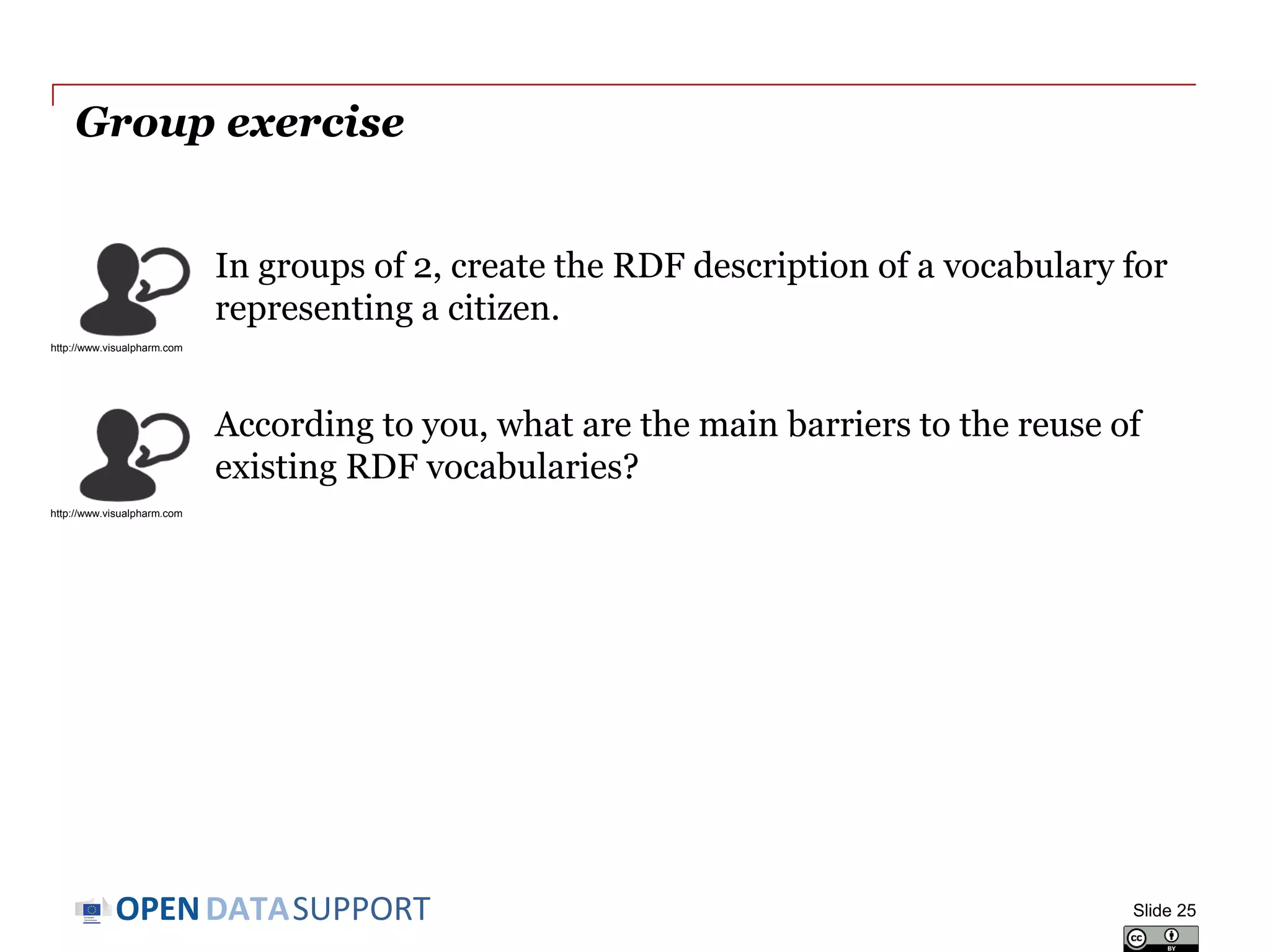 DATASUPPORTOPEN
Group exercise
Slide 25
In groups of 2, create the RDF description of a vocabulary for
representing a citizen.
According to you, what are the main barriers to the reuse of
existing RDF vocabularies?
http://www.visualpharm.com
http://www.visualpharm.com
Take also the online test here!
 