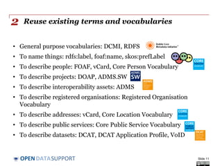 DATASUPPORTOPEN
Reuse existing terms and vocabularies
• General purpose vocabularies: DCMI, RDFS
• To name things: rdfs:label, foaf:name, skos:prefLabel
• To describe people: FOAF, vCard, Core Person Vocabulary
• To describe projects: DOAP, ADMS.SW
• To describe interoperability assets: ADMS
• To describe registered organisations: Registered Organisation
Vocabulary
• To describe addresses: vCard, Core Location Vocabulary
• To describe public services: Core Public Service Vocabulary
• To describe datasets: DCAT, DCAT Application Profile, VoID
Slide 11
2
 