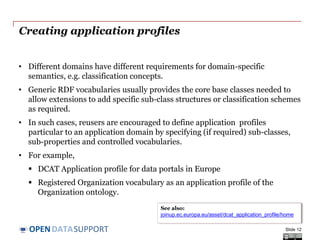 DATASUPPORTOPEN
Creating application profiles
• Different domains have different requirements for domain-specific
semantics, e.g. classification concepts.
• Generic RDF vocabularies usually provides the core base classes needed
to allow extensions to add specific sub-class structures or classification
schemes as required.
• In such cases, reusers are encouraged to define application profiles
particular to an application domain by specifying (if required) sub-
classes, sub-properties and controlled vocabularies.
• For example,
 DCAT Application profile for data portals in Europe
 Registered Organization vocabulary as an application profile of the
Organization ontology.
Slide 12
See also:
joinup.ec.europa.eu/asset/dcat_application_profile/home
 