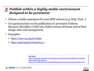 DATASUPPORTOPEN
Publish within a highly stable environment
designed to be persistent
• Choose a stable namespace for your RDF schema (e.g. W3C, Purl...)
• Use good practices on the publication of persistent Uniform
Resource Identifiers (URI) sets, both in terms of format and of their
design rules and management.
• Examples:
 http://www.w3.org/ns/adms
 http://purl.org/dc/elements/1.1
Slide 22
5
See also:
https://joinup.ec.europa.eu/community/semic/document/cookbook-translating-
data-models-rdf-schemas
http://www.slideshare.net/OpenDataSupport/design-and-manage-persitent-uris
 