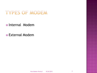 Types of ModemInternal  ModemExternal Modem8/19/2010How Modem Works!!7