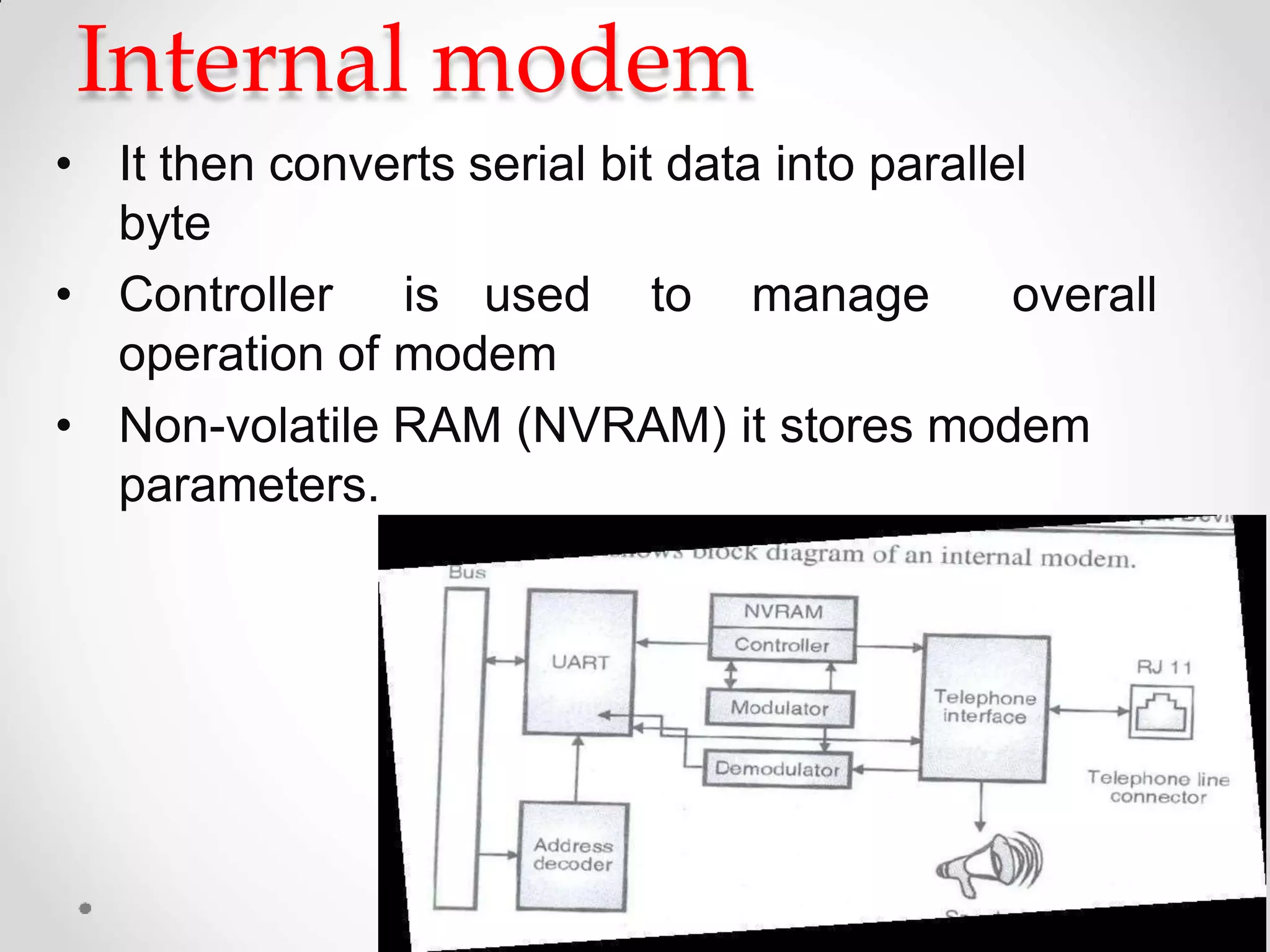 Internal modem
• It then converts serial bit data into parallel
byte
• Controller is used to manage overall
operation of modem
• Non-volatile RAM (NVRAM) it stores modem
parameters.
 
