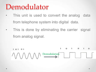 Demodulator
• This unit is used to convert the analog data
from telephone system into digital data.
• This is done by eliminating the carrier signal
from analog signal.
1 0 1 0 1 1 0 1 0 1 0
Demodulation
 
