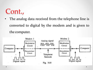 Cont.,
• The analog data received from the telephone line is
converted to digital by the modem and is given to
thecomputer.
 