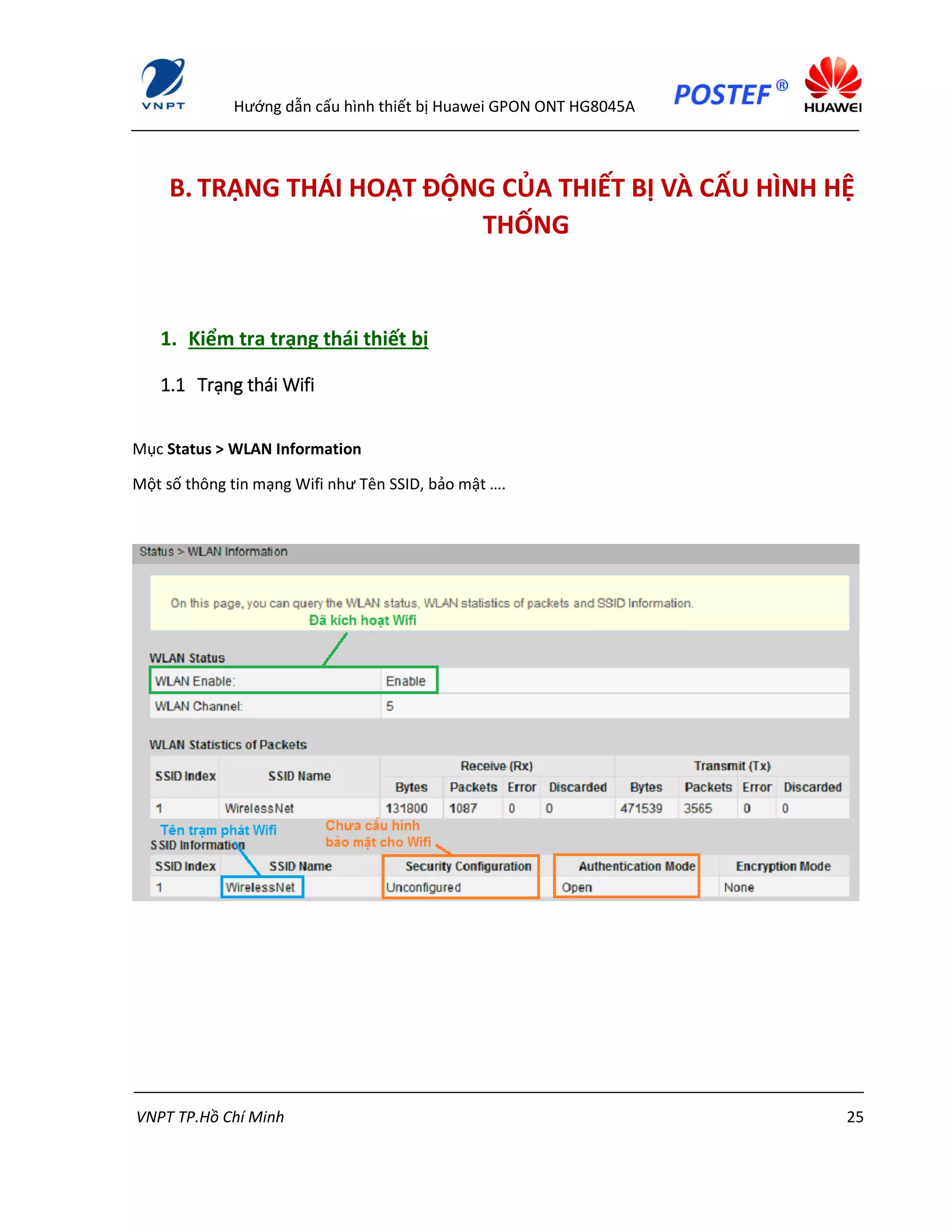 Hướng dẫn cấu hình thiết bị Huawei GPON ONT HG8045A
VNPT TP.Hồ Chí Minh 25
B. TRẠNG THÁI HOẠT ĐỘNG CỦA THIẾT BỊ VÀ CẤU HÌNH HỆ
THỐNG
1. Kiểm tra trạng thái thiết bị
1.1 Trạng thái Wifi
Mục Status > WLAN Information
Một số thông tin mạng Wifi như Tên SSID, bảo mật ….
 