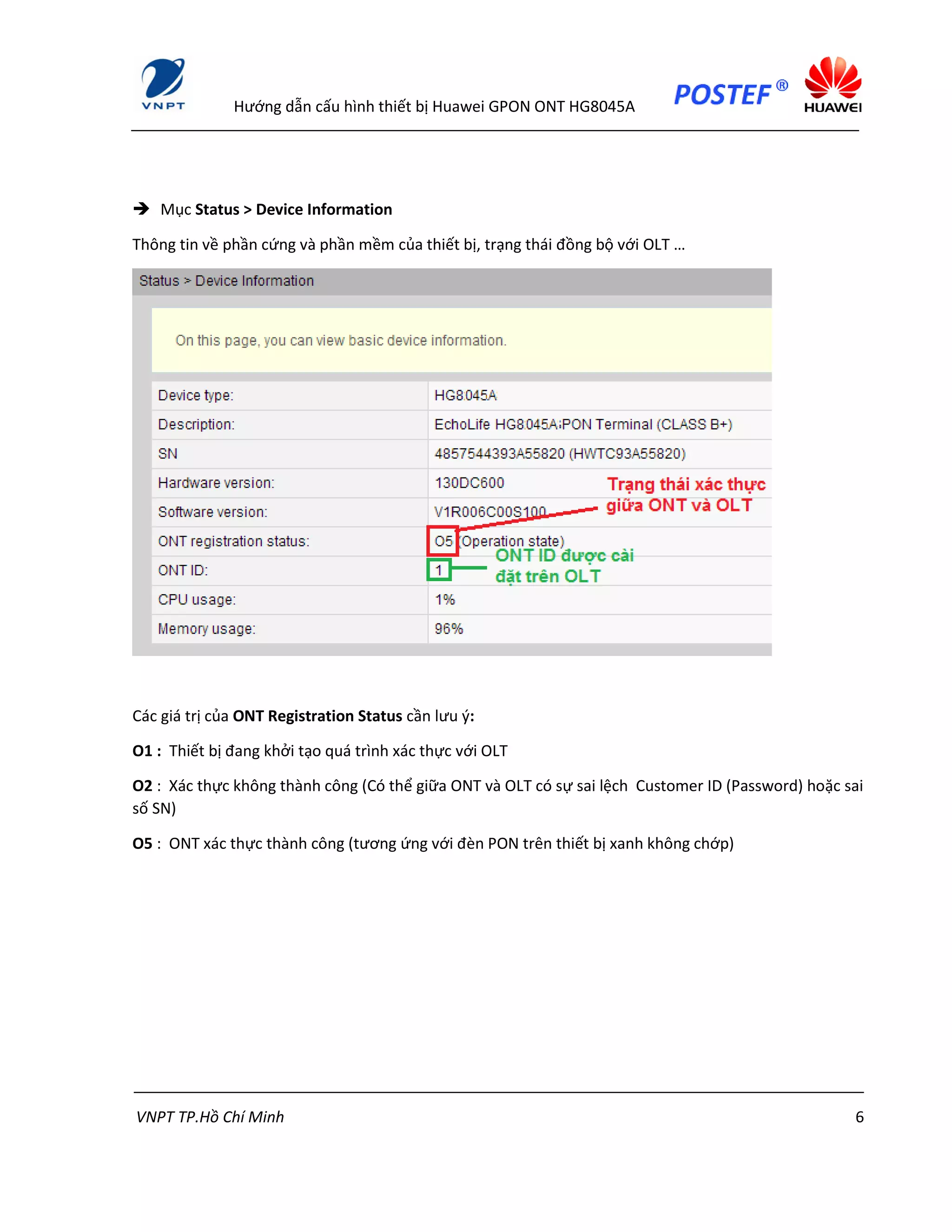 Hướng dẫn cấu hình thiết bị Huawei GPON ONT HG8045A
VNPT TP.Hồ Chí Minh 6
 Mục Status > Device Information
Thông tin về phần cứng và phần mềm của thiết bị, trạng thái đồng bộ với OLT …
Các giá trị của ONT Registration Status cần lưu ý:
O1 : Thiết bị đang khởi tạo quá trình xác thực với OLT
O2 : Xác thực không thành công (Có thể giữa ONT và OLT có sự sai lệch Customer ID (Password) hoặc sai
số SN)
O5 : ONT xác thực thành công (tương ứng với đèn PON trên thiết bị xanh không chớp)
 