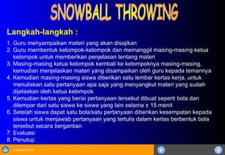 Sosialisasi KTSP
Langkah-langkah :
1. Guru menyampaikan materi yang akan disajikan
2. Guru membentuk kelompok-kelompok dan memanggil masing-masing ketua
kelompok untuk memberikan penjelasan tentang materi
3. Masing-masing ketua kelompok kembali ke kelompoknya masing-masing,
kemudian menjelaskan materi yang disampaikan oleh guru kepada temannya
4. Kemudian masing-masing siswa diberikan satu lembar kertas kerja, untuk
menuliskan satu pertanyaan apa saja yang menyangkut materi yang sudah
dijelaskan oleh ketua kelompok
5. Kemudian kertas yang berisi pertanyaan tersebut dibuat seperti bola dan
dilempar dari satu siswa ke siswa yang lain selama ± 15 menit
6. Setelah siswa dapat satu bola/satu pertanyaan diberikan kesempatan kepada
siswa untuk menjawab pertanyaan yang tertulis dalam kertas berbentuk bola
tersebut secara bergantian
7. Evaluasi
8. Penutup
 