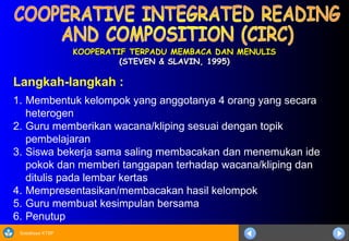Sosialisasi KTSP
KOOPERATIF TERPADU MEMBACA DAN MENULIS
KOOPERATIF TERPADU MEMBACA DAN MENULIS
(STEVEN & SLAVIN, 1995)
(STEVEN & SLAVIN, 1995)
Langkah-langkah :
1. Membentuk kelompok yang anggotanya 4 orang yang secara
heterogen
2. Guru memberikan wacana/kliping sesuai dengan topik
pembelajaran
3. Siswa bekerja sama saling membacakan dan menemukan ide
pokok dan memberi tanggapan terhadap wacana/kliping dan
ditulis pada lembar kertas
4. Mempresentasikan/membacakan hasil kelompok
5. Guru membuat kesimpulan bersama
6. Penutup
 
